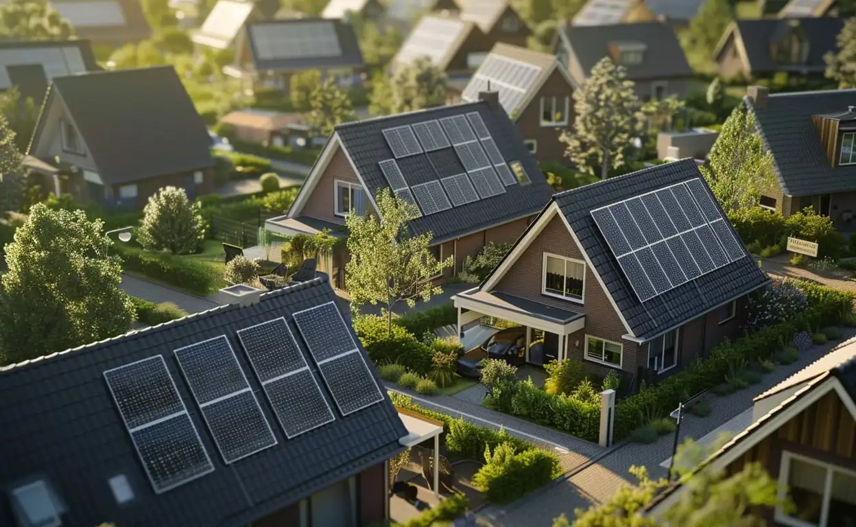 Woonwijk met zonnepanelen op de daken in het avondlicht